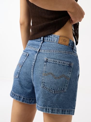 The Souled Store Denim Shorts: Arctic Women and Girls Buttoned Waistband Medium Blue Wash Solid Cotton Regular Fit Stone-Washed Pintuck Everyday Lightweight Denim Shorts