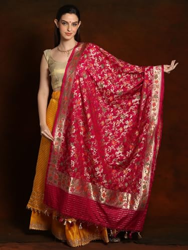 Exotic India Royal Banarasi Brocade Silk Dupatta with Striped Palla and Tassels - Art Silk - Color Fuscia Pink