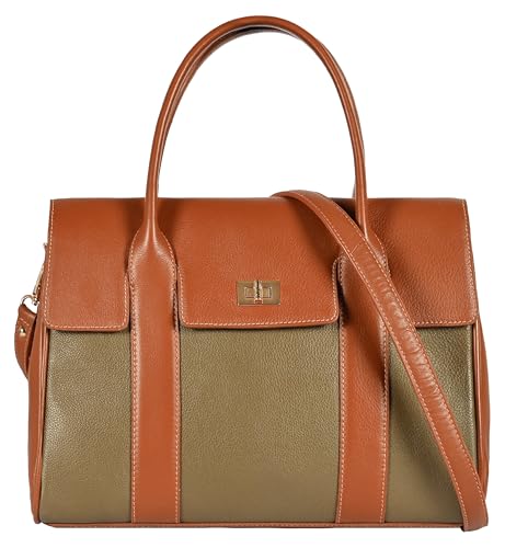 eske Noah Flap Handbag for Women Genuine Leather Satchel with Twist Lock Closure Dual Handles Detachable Sling Strap 1 Compartment Zipper and Slip Pockets Office Purse (Taupe Cognac)