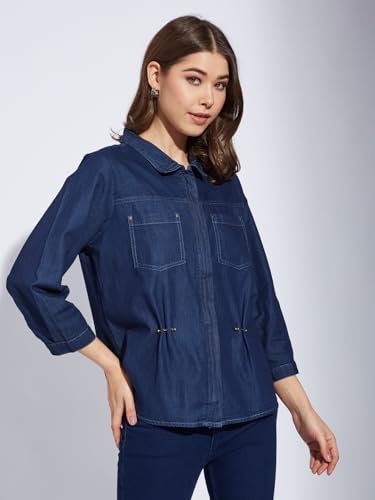 Latin Quarters Women's Blue 3/4Th Sleeves Collared Casual Solid Shirt_XXL