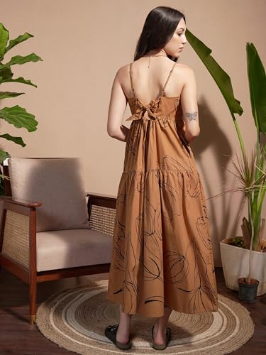 Vishudh Women Sleeveless Tie Neck Dress VVa1000070 Brown L