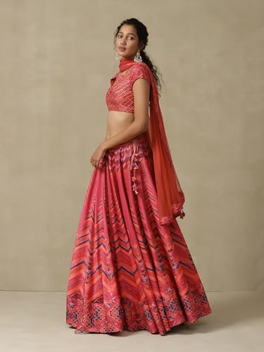 Aarke Ritu Kumar Pink Chevron Printed Lehenga With Blouse And Dupatta