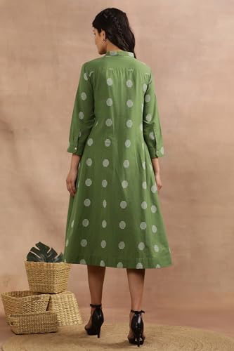 W for Woman W Women Green Polka Print Cotton Flax Flarred Dress_24FEW11081-313885_S