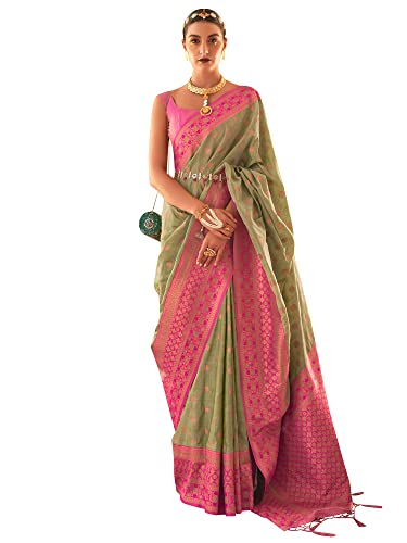 AKHILAM Women's Banarasi Silk Blend Woven Design Saree With Unstitched Blouse Piece (Green_KMSRA11006_RB)