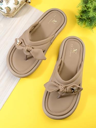 XE Looks Women’s Taupe Slip-On Comfort Sandals | Stylish Bow Knot Detailing with Cushioned Footbed | Casual for Girls & Women