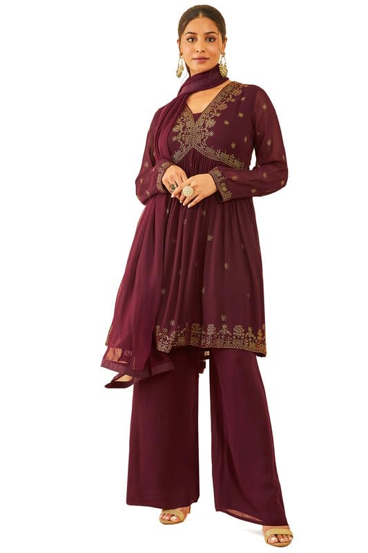 Soch Womens Maroon Embellished Georgette Alia Cut Suit Set