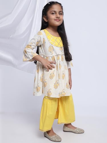 superminis Baby Girls Cotton Sanganeri Printed Kurti with Colorful Sharara Co-ord Set Dress (18-24 Months, Yellow)
