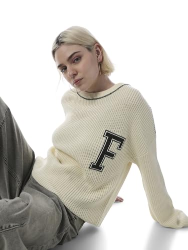 ONLY Women's Typography Relaxed Fit Beige Sweater