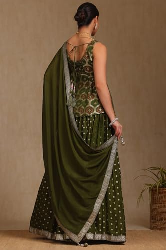 Soch Womens Olive Brocade Woven Design Ghagra Choli With Cutdana