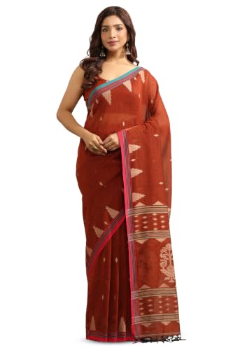 Soch Womens Rust Cotton Jamdani Woven Saree