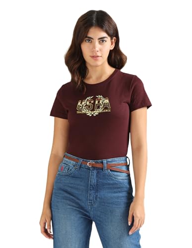 U.S. POLO ASSN. Women's Brand Print Cotton Slub T-Shirt (UWSS24TSH139_Red_S)