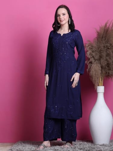 Fashion Chikan Art Women's Lucknowi Rayon Mukaish Chikankari Straight Kurti And Palazzo Set (IN, Alpha, 2XL, Regular, Navy Blue)