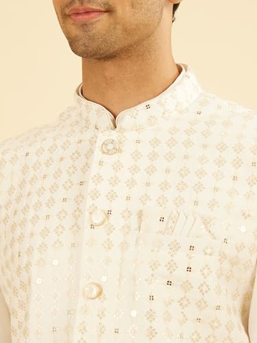 Manyavar Men's Art Silk Embroidery|Sequin Work Kurta Jacket Set (Warm White,XL)