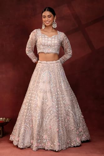 Women's Light Pink Stone Embroidered Tissue Bridal Lehenga