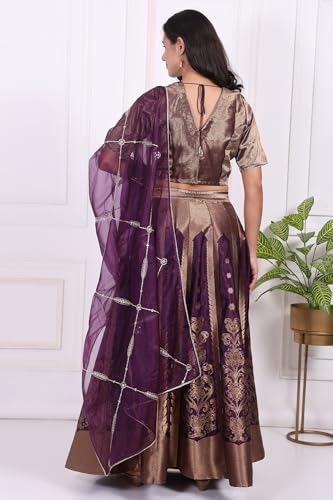 W for Woman Purple Embellished Jacquard Straight Crop Top, Skirt and Dupatta Set - (WS13240-314468-XL)
