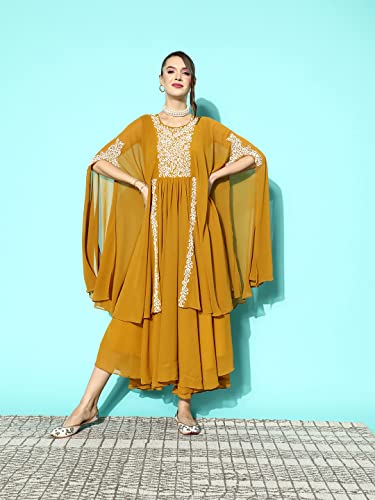 LYMI LABEL Gown For Women - Georgette sequence Embroidered Floor length Exaggerated Sleeves Fit & Flared Gown (Mustard)