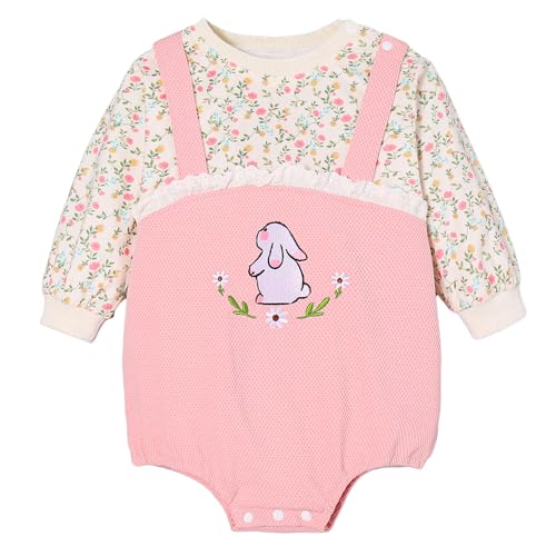 Hopscotch Girls Full Sleeves Peach Flower Bunny Embroidered Bodysuit For Ages (6-9 Months)