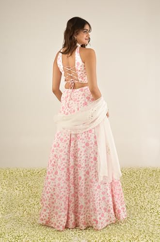 essaySumedha Agrawal Organza Satin Organza Santoon Lehenga Set for Women (Size: XL, White & Pink)
