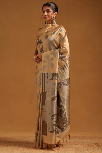 Soch Womens Gold Tussar Floral Zari Woven Saree