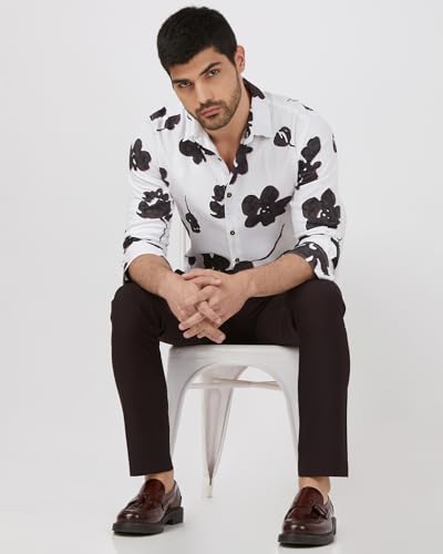 MUFTI Men Shirt | Slim Fit Full Sleeve Spread Collar Floral Print Design | 100% Cotton Sateen Fabric for Party & Smart Casual Wear| Bright Snow White 6XL