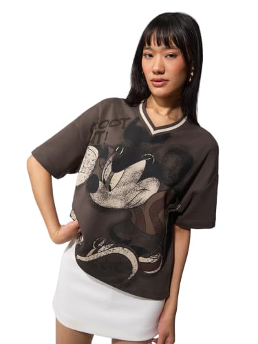 The Souled Store Mickey Mouse: It's A Goal Women and Girls Short Sleeves V Neck Brown Graphic Printed Cotton Drop Shoulder Ligthweight Breathable Comfortable Streetwear Oversized T-Shirts