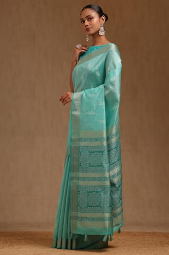 Soch Womens Turquoise Blue Tussar Woven Design Saree