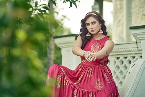 Samprag Rayon Gown for Women | Full Length | Printed | Fit & Flare | Sleevesless | Round Neck | Stylish | Ethenic Dress | Ideal for Casual, Wedding & Party Occassions | Pink | M
