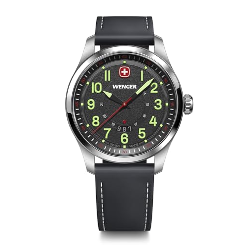 WENGER Terragraph | Swiss-Made Men's Analog Quartz Wrist Watch | Stainless Steel Case with Leather Bracelet, Black Dial, 43mm, 100M Water Resistant | Model Number 01.0541.121