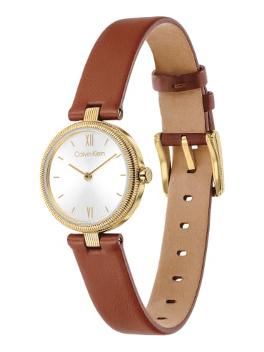 Calvin Klein Gleam Qtz Basic Slim Silver White Color Round Dial Women's Watch | Tan Leather Material | Strap Watch - 25100231