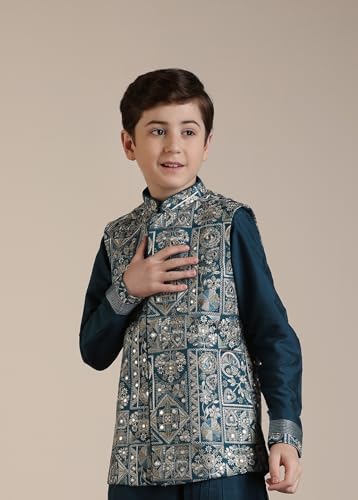 Manyavar Blended Viscose Self Design Kurta Jacket Pyjama Set for Child(6-8 years)