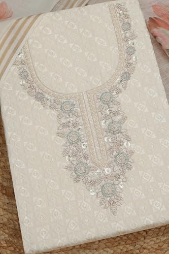Soch Womens Cream Rayon Embroidered Unstitched Dress Material With Cutdana