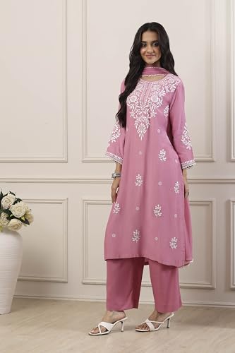 Biba Women Pink Poly Viscose Straight Suit Set_36