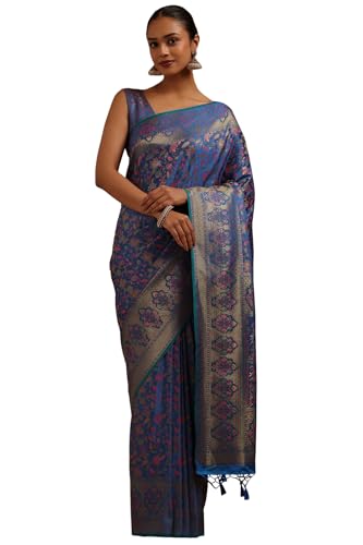 Soch Womens Blue Tussar Floral Woven Design Saree