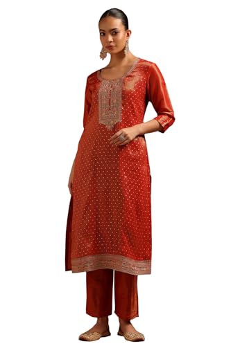 Soch Womens Rust Tissue Woven Design Kurta Set With Thread Work
