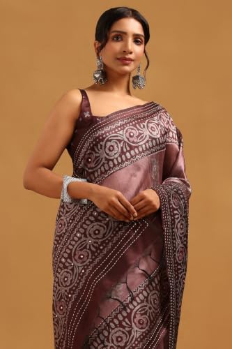 Soch Womens Onion Pink Tussar Kantha Embroidered Saree With Faux Mirror