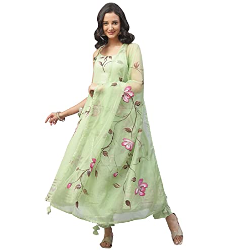 Limedivaa Light Green Hand Painted Floral Anarkali Kurta Pant Set with Dupatta (Medium, Green)