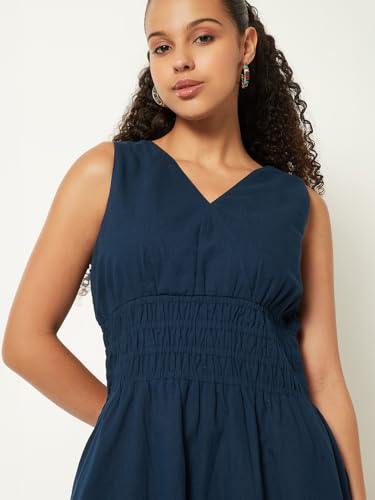 Max Women Solid A-line Dress (Blue_L)