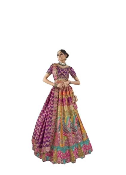 Luxury Bridal Lehenga Choli Set, Purple and Multicolor, Heavy Embroidered