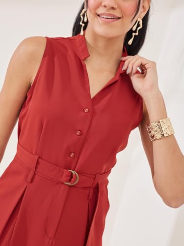 Latin Quarters Women's Rust Solid Sleeveless Mandarin Neck Casual Shirt Dress_L