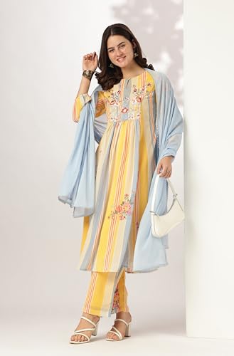 Janasya Multicolour Georgette Kurta with Pant & Dupatta for Women Embroidered Print Ethnic Wear