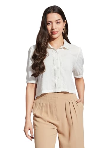 Latin Quarters Women Ivory Collared Half Sleeves Solid Shirt Blouse for Casual Wear_S