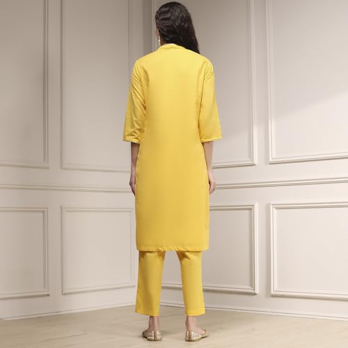Biba Women's Yellow Cotton Straight Solid Suit Set