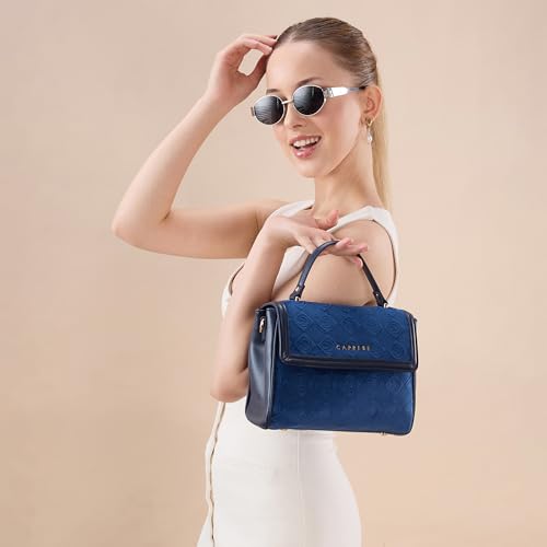 Caprese Katherine Medium Monogram Velvet Sling Bag for Women | Elegant Multi-Compartment Crossbody & Shoulder Bag with Adjustable Strap | Perfect for Party & Travel (Midnight Blue)