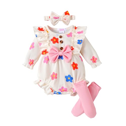 Hopscotch Girls Full Sleeves White Floral Bow Applique Bodysuits For Ages (6-9 Months)