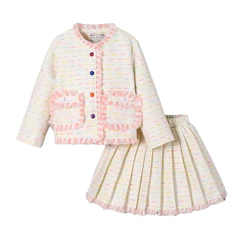 Hopscotch Girls Full Sleeves Beige 2-Pc Fringe Detail Tweed Skirt Set For Ages (18-24 Months)