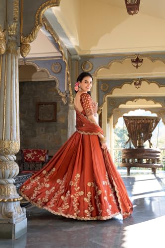 JIHU CULTURE Women's Orange Sequence Embroidery Work Silk Semi-Sttiched Lehenga Choli-JH290ORG