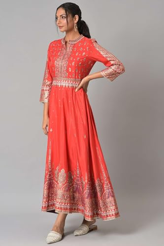 Wishful by W Women's Polyester Tomato Red Festive Mughal Gown Ankle Length Dress (22AUS11107-118800