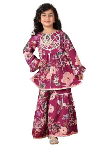 superminis Girls Cotton Floral Printed Gotta Work Full Sleeves Kurti and Matching Sharara Ethnic Wear Set (6-12 Months Purple)