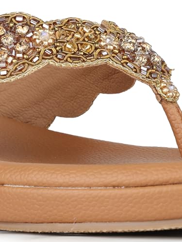 Inc.5 Womens Golden Ethnic Embellished T-Strap Slip-On Flat Sandals