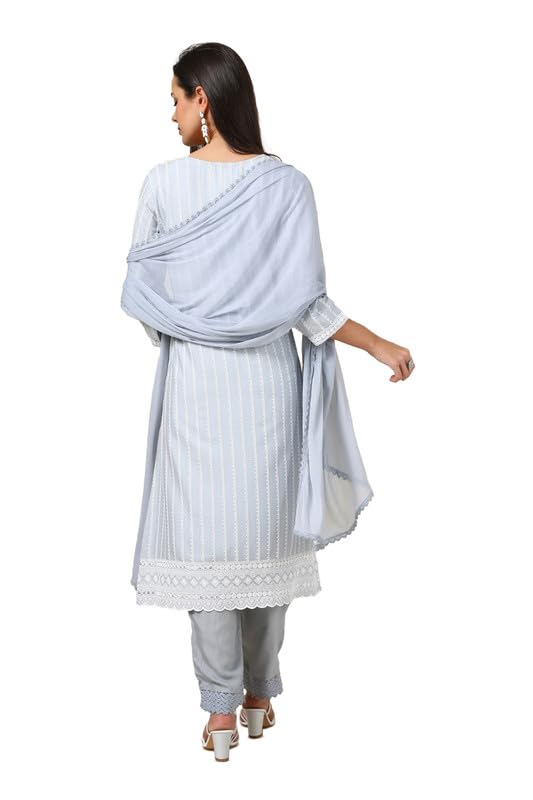 Soch Womens Grey Rayon Embroidered Suit Set With Mirror Work